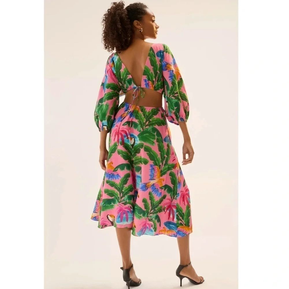 Anthropologie XL FARM RIO X ANTHROPOLOGIE PRINTED V-NECK CUTOUT DRESS - Picture 4 of 4